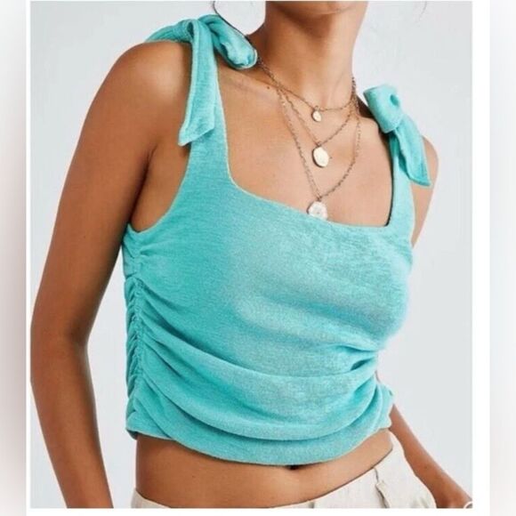 FREE PEOPLE Aqua Boulevard Bow Tie Strap Ruched Sides Tank - Size Small - Picture 1 of 5